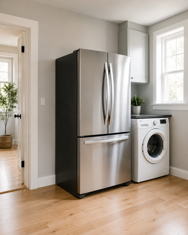 A fridge freezer and washing machine in a kitchen awaiting appliance removal