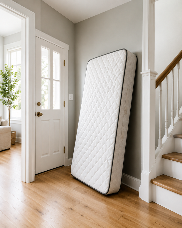 A double mattress propped against a wall in a hallway, ready for collection