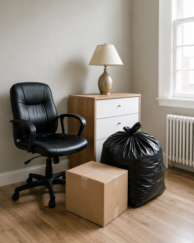 An office chair, drawers, boxes and bagged items left behind by a tenant